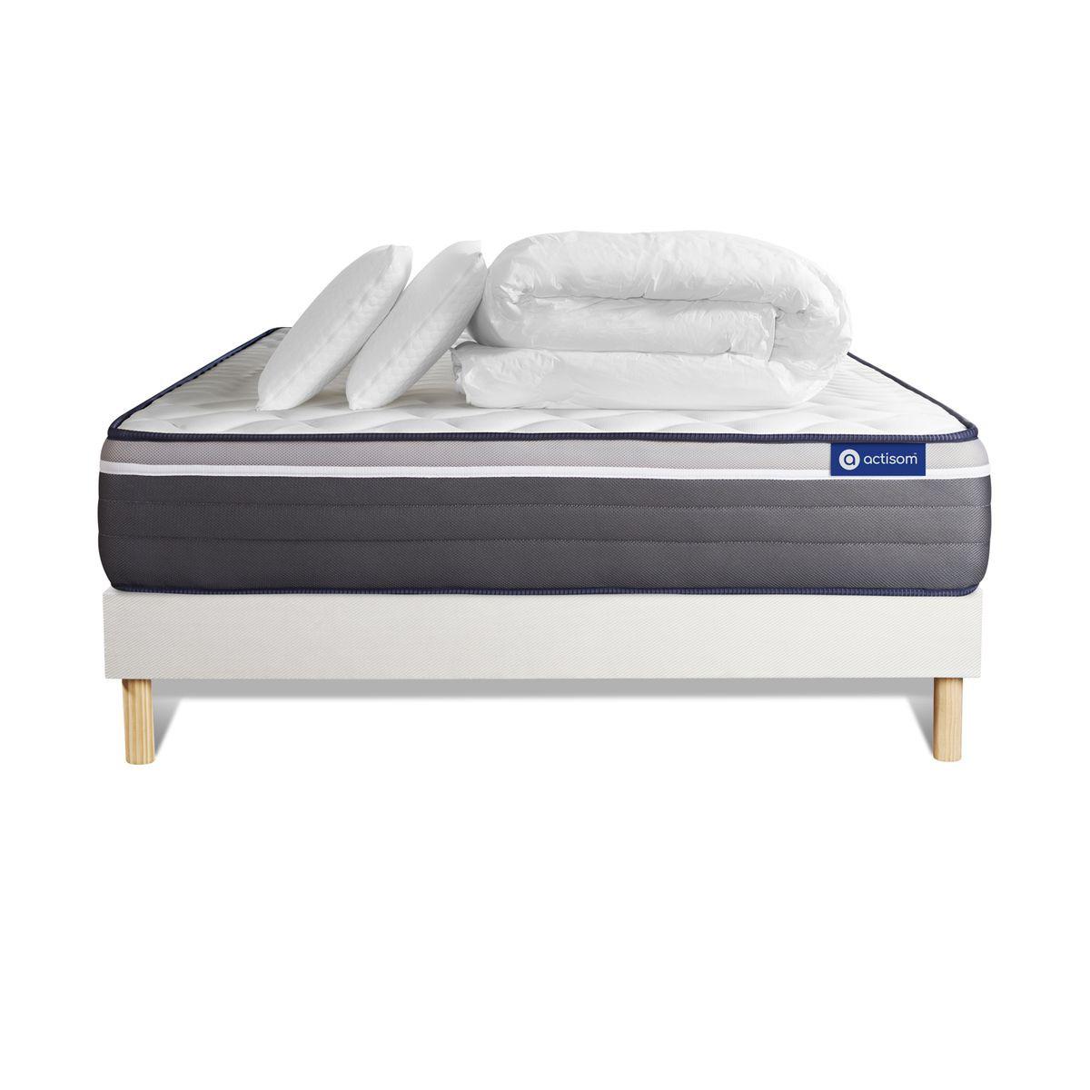 BETT Actiflex plus Taschenfederkern und Memory-Schaum 140 x 200 cm h4 - Kit Bettgestell Weiß - Mit Kissen und Bettdecke - Beige/Weiß, Karton/Holz (140/200cm) - ACTISOM