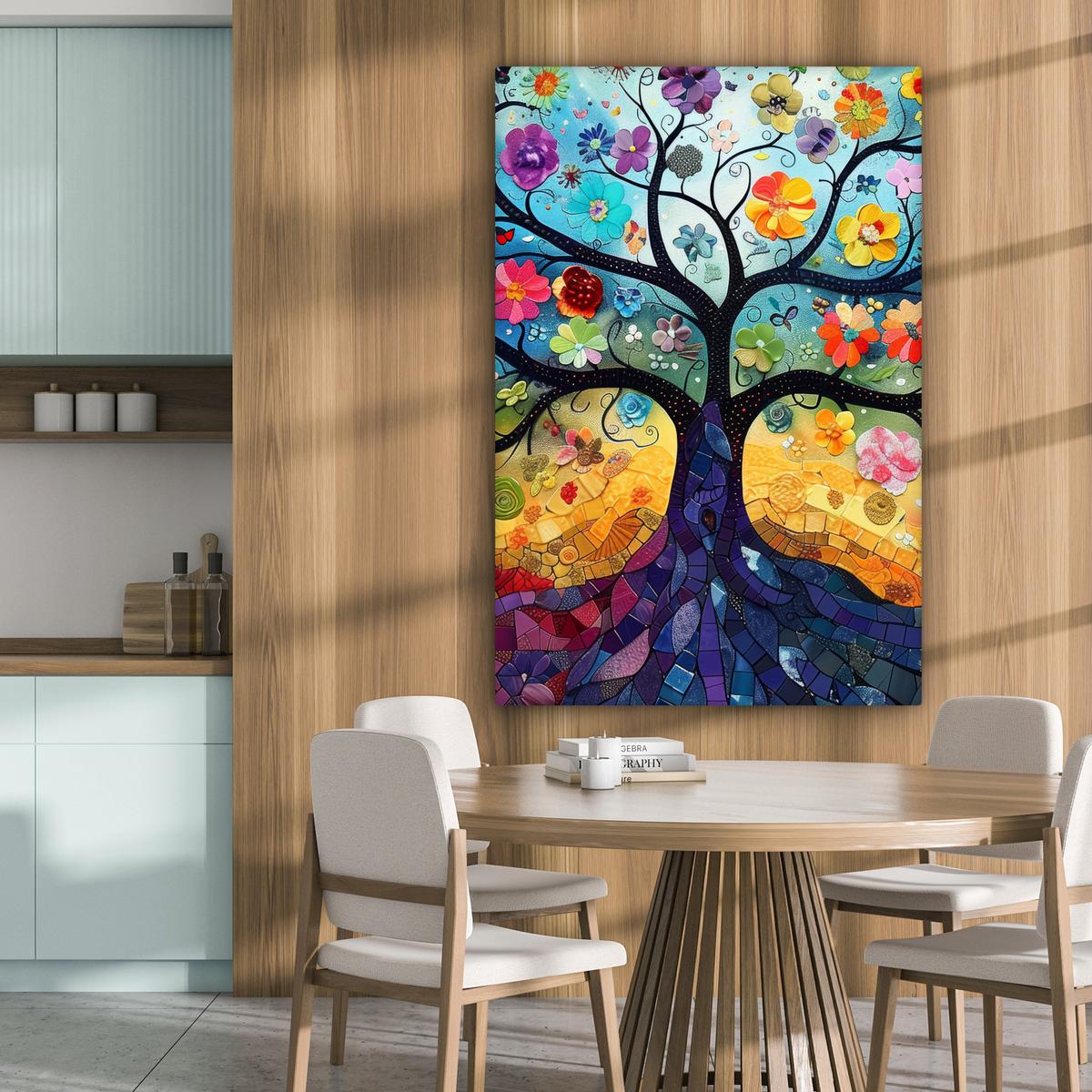 LEINWANDBILD Kunst - Baum des Lebens - Blumen - Hippie Deko XXL 80x120 cm - Dunkelblau, Textil (80/120cm) - MuchoWow
