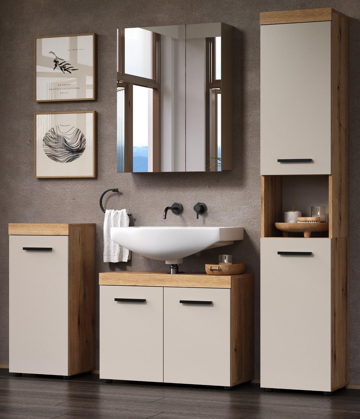 BADMÖBEL-SET Kaschmir, Evoke Eiche 4-teilig 164 x 184 cm, Badkombination in modernem Design - Kaschmir/Eichefarben, Glas/Holzwerkstoff (164/184/34cm) - Top.Furn