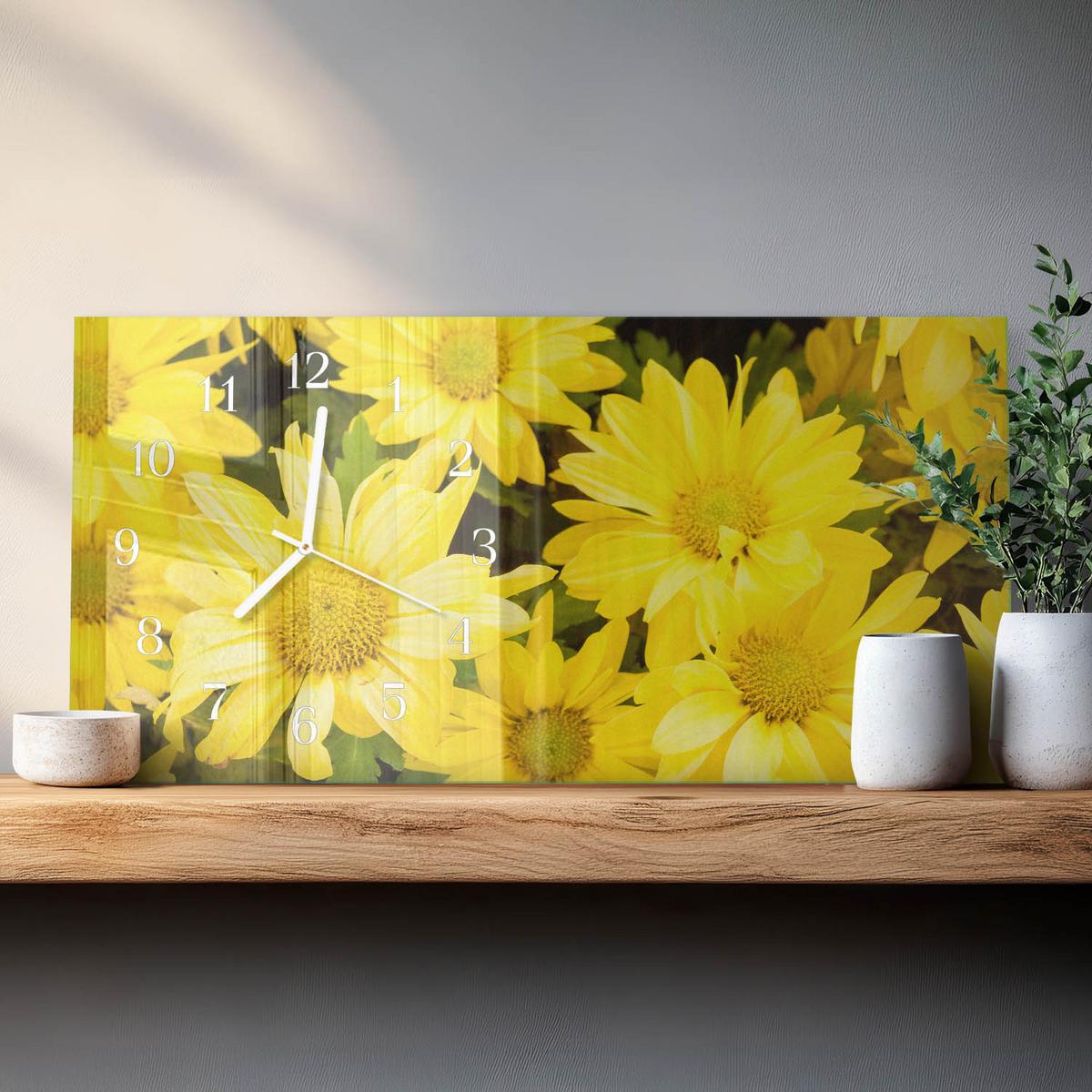 WANDUHR aus Glas 60x30 cm - Gelbe Blüten - Gelb, Glas (60/30/0.4cm) - TULUP