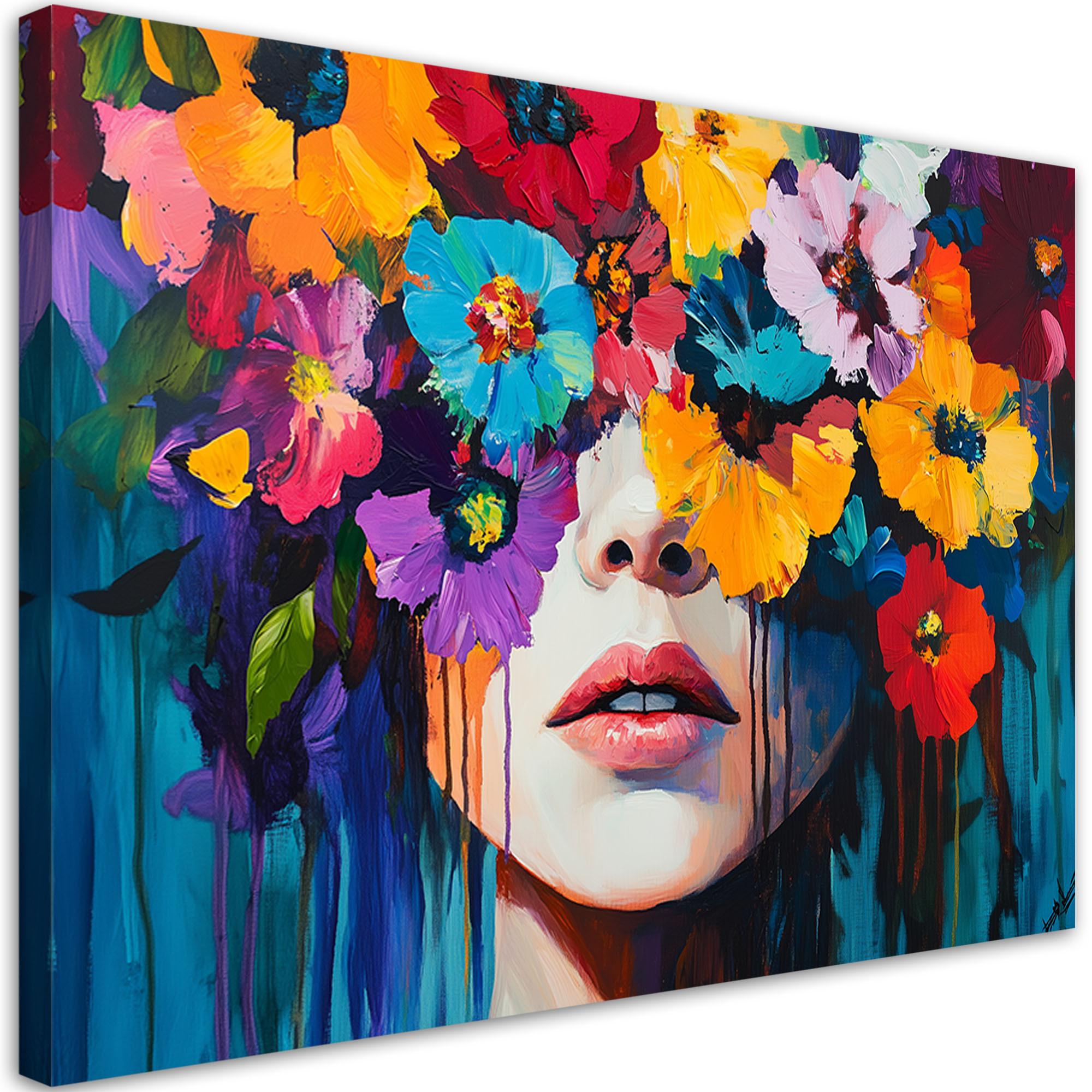 LEINWANDBILD Frau mit Blumen auf dem Kopf 120x80cm - Multicolor, Textil (120/80cm) - Feeby