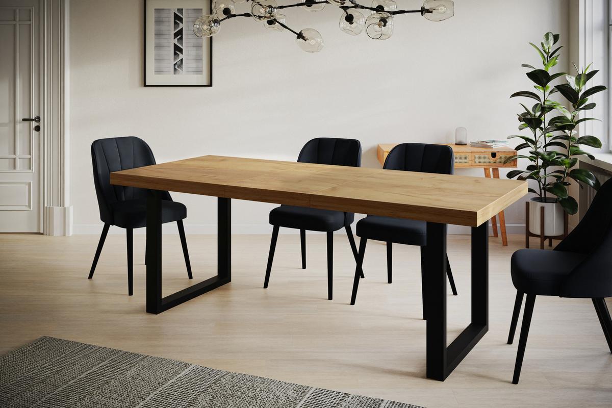 INDUSTRIELLER Esszimmertisch LOFT-U, ausziehbarer Tisch, Größe: 180-280X90X77 cm, Wohnzimmertisch Farbe: CRAFT, mit Metallbeinen in Farbe Schwarz - Schwarz/Braun, Holzwerkstoff (180/90/77cm) - Alpi-Möbel