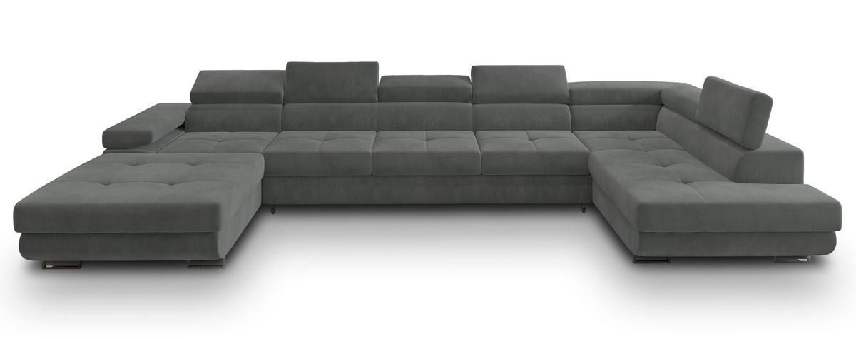 WOHNLANDSCHAFT TORIVA R-S Grau Velours-Stoff mit Schlaffunktion - Grau, Holz (418/90/202cm) - MASSENO