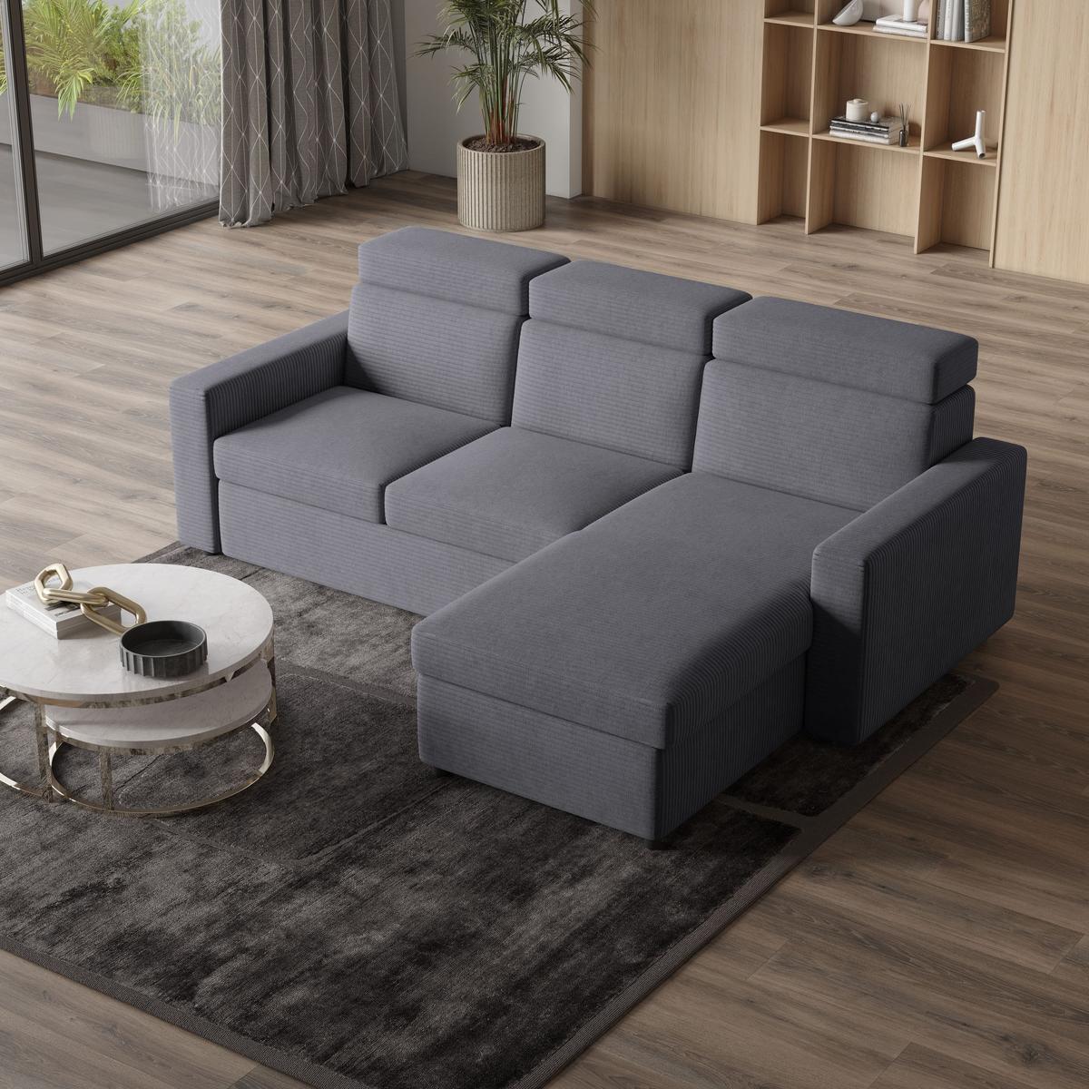 ECKSOFA PADWA Grau Kordstoff mit Schlaffunktion - Schwarz/Grau, Holz/Kunststoff (227/168cm) - MASSENO