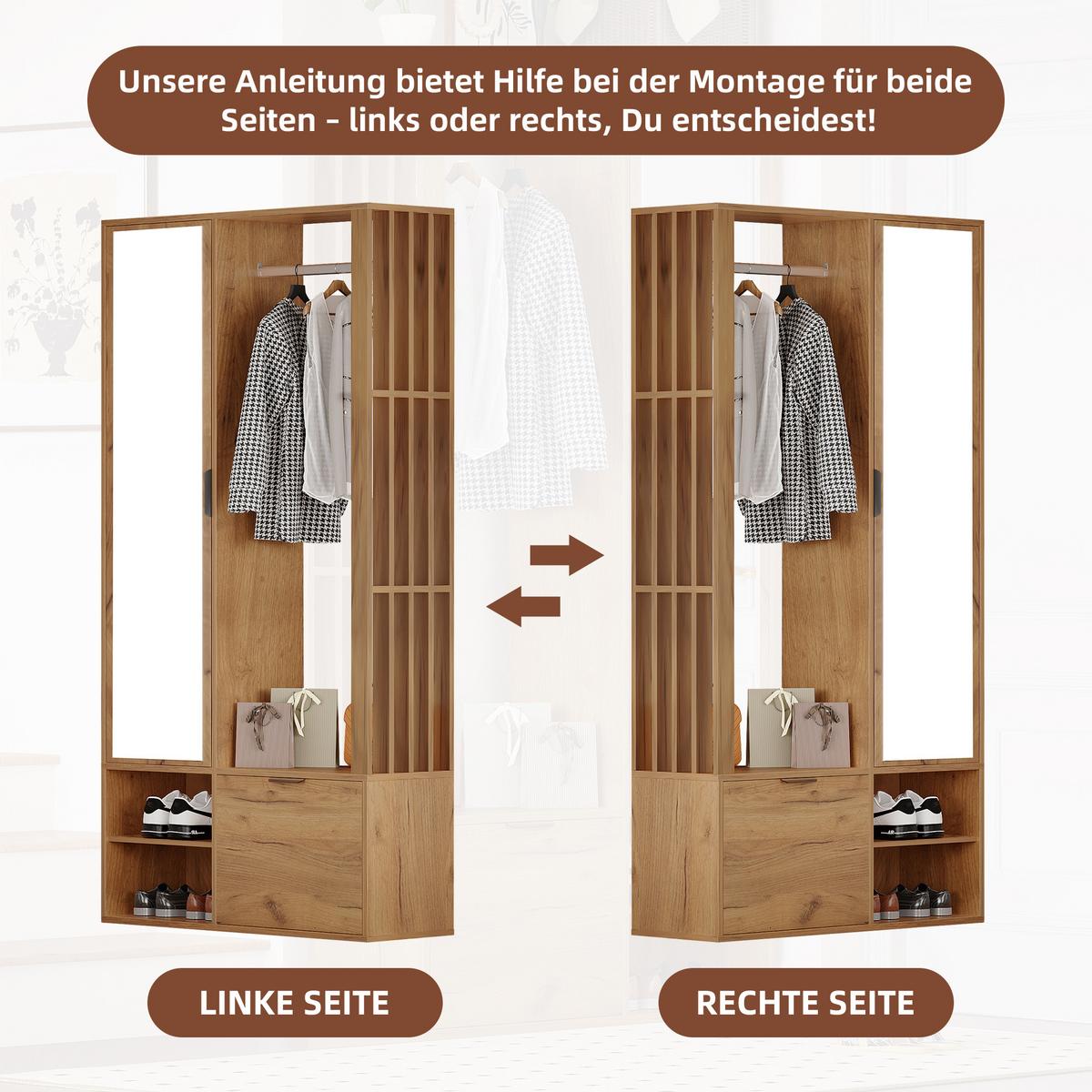 KLEIDERSCHRANK 6-in-1 mit Spiegel, & Wäscheständer Holzfarbe - Naturfarben, Holzwerkstoff (100/190/33cm) - Urban Meuble