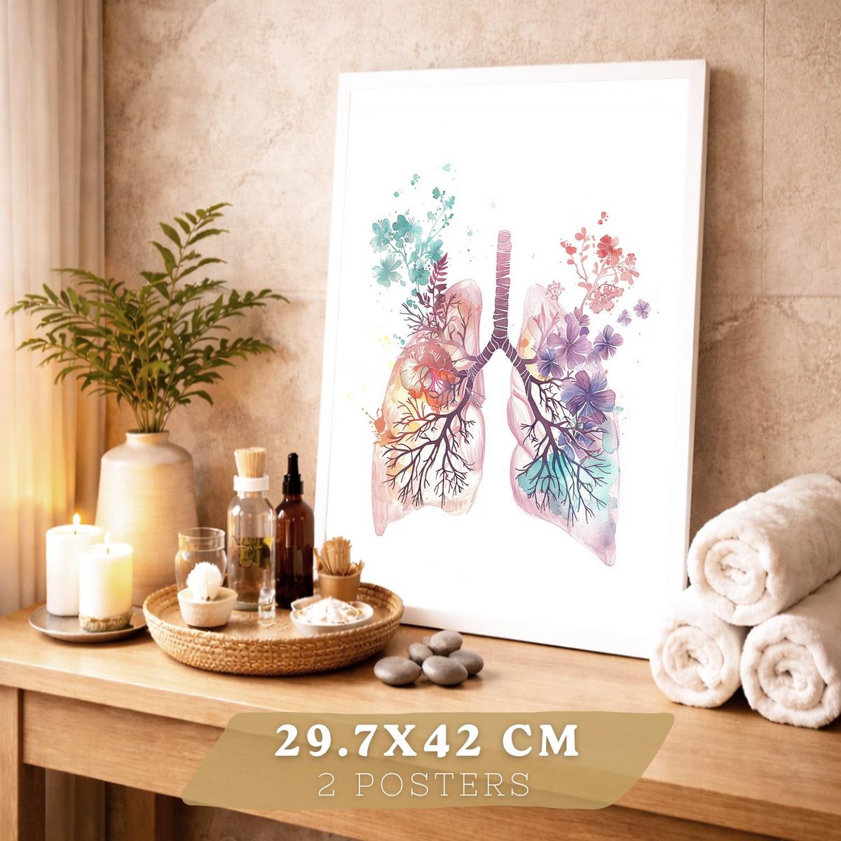 POSTER Set aus 2 Anatomie Mensch Drucke und Wandbilder mit Lungen Luftröhre Bronchien und Gehirn Pastellfarbenes Florales Aquarell Größe Rahmenlos A3 - Klar, Papier (29.7/42/3cm) - Nacnic
