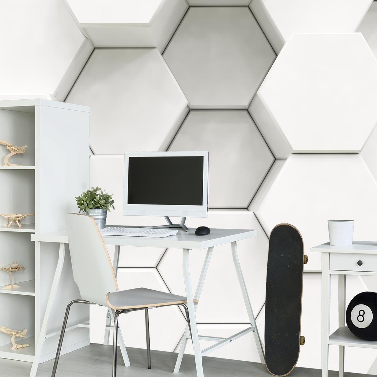 FOTOTAPETE für Wohnzimmer Hexagone Formen Geometrie 200x140 - Weiß/Grau, Papier (200/140cm) - Muralo