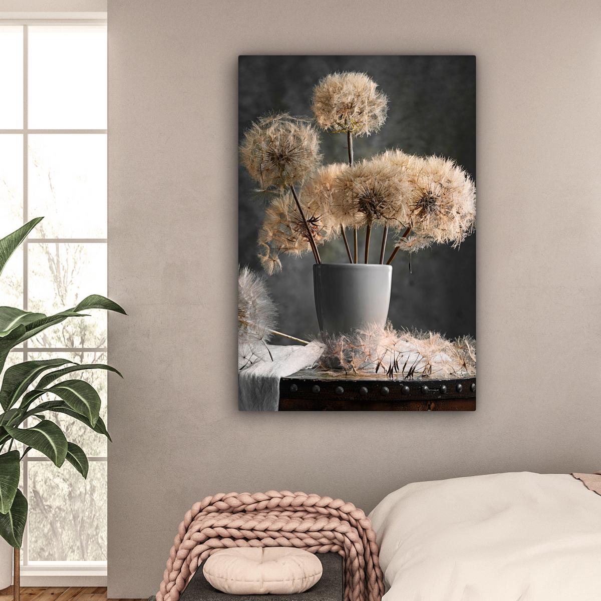 LEINWANDBILD Blumensamen - Löwenzahn - Vase - Stilleben - Blumenstrauß Deko XXL 80x120 cm - Dunkelgrau, Textil (80/120cm) - MuchoWow