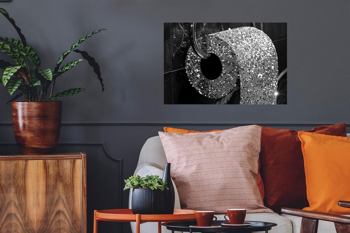 WANDTATTOO WC - Toilettenpapier - Schwarz und weiß - Glitter Deko Wohnzimmer 60x40 cm - Silberfarben, Kunststoff (60/40/0.1cm) - MuchoWow