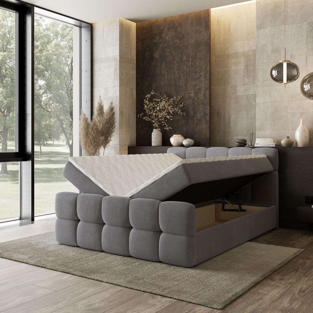 BOXBETT BRUME 200x200 cm mit Matratze und Topper, H2+H3 - Grau - Grau, Holz (200/200cm) - MASSENO