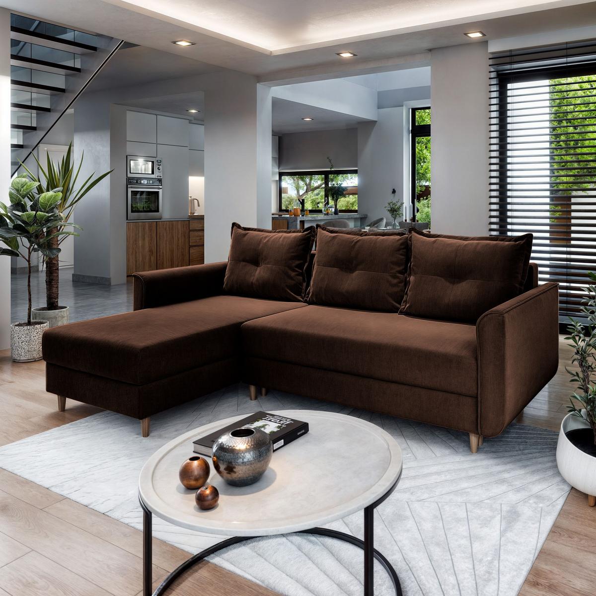 ECKSOFA PISAN L-S Braun Plüsch-Stoff mit Schlaffunktion - Braun, Holz/Textil (220/140cm) - MASSENO