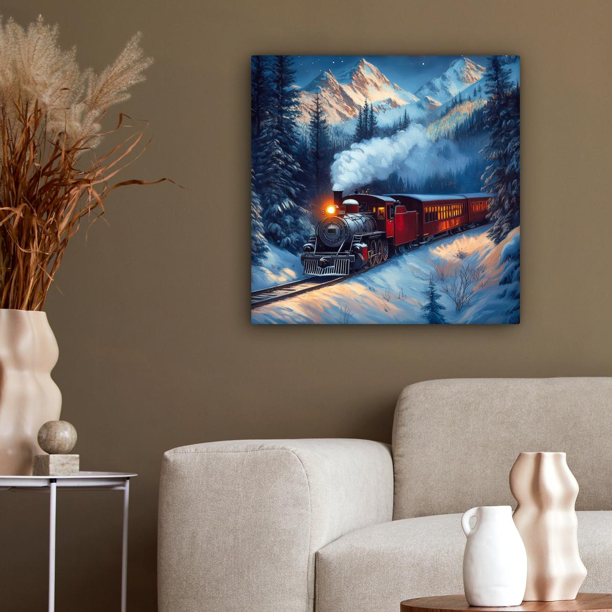 LEINWANDBILD Zug - Weihnachten - Schnee - Weihnachtszug Wandbild Wohnzimmer 50x50 cm - Anthrazit, Textil (50/50cm) - MuchoWow