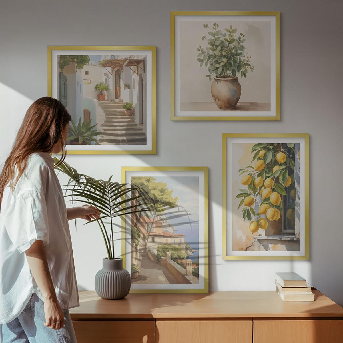 BILDER SET 4er Set - 50x50 cm & 40x60 cm Goldrahmen - Blumen in einer Vase, ein Meer aus Zitronen - Goldfarben, Kunststoff (50/50cm) - TULUP