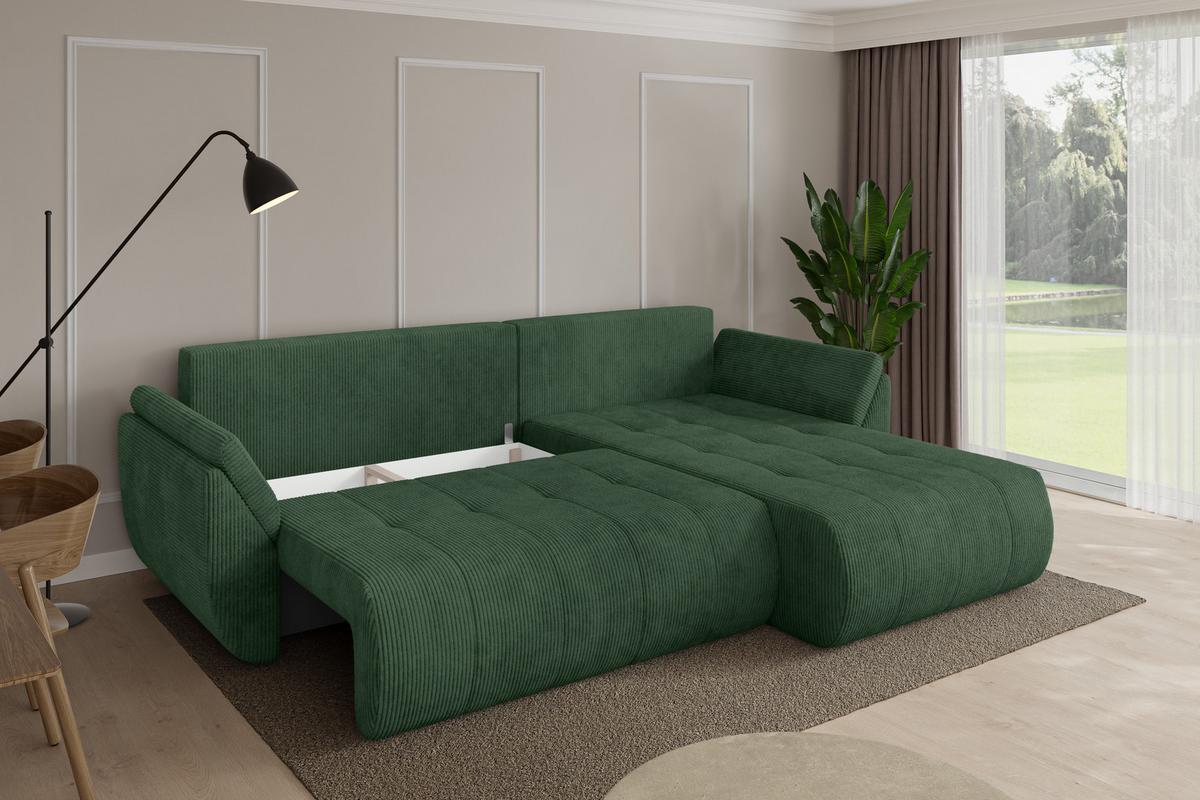 ECKSOFA mit Schlaffunktion Ottomane Rechts TOKO-L 277x194x86 Grün Cord - Dunkelgrün/Schwarz, Holzwerkstoff/Kunststoff (277/194cm) - ALTDECOR
