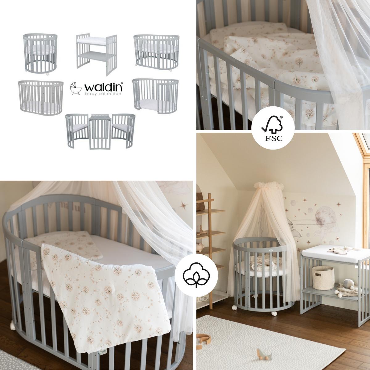 BABYBETT GREY OVAL 7in1 mit Matratze und Himmelset - Champagner/Grau, Holz/Textil (73/125cm) - waldin