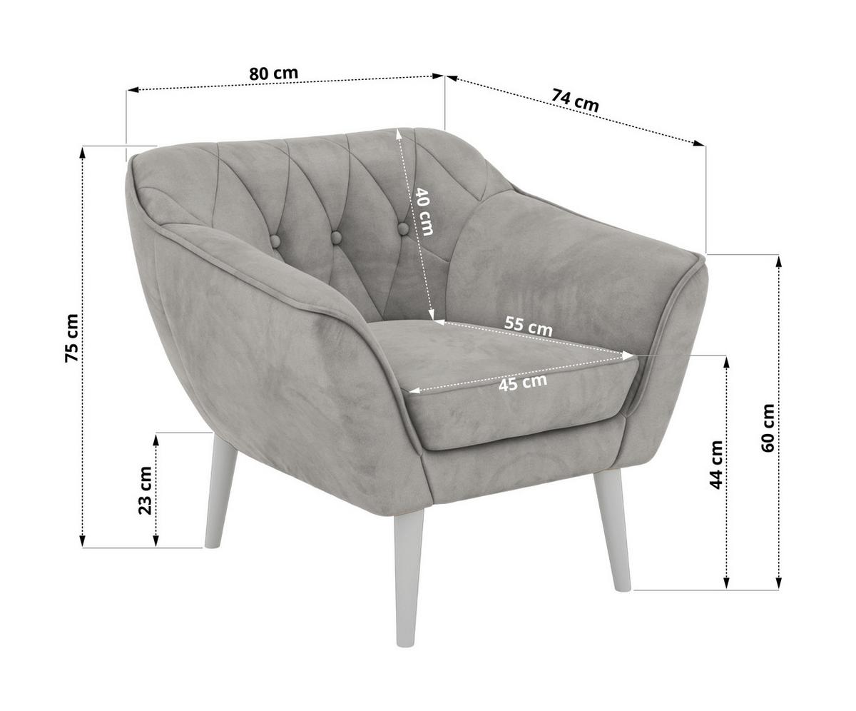 SESSEL PIRS - Hellgrau Velvet - Weiße Beine - Hellgrau/Weiß, Holzwerkstoff/Textil (80/75/74cm) - MKS