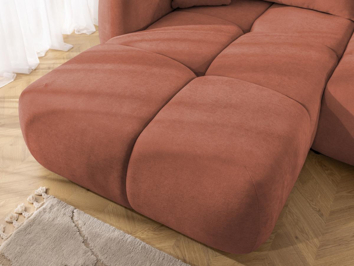 ECKSOFA Loretto aus natürlichem Terrakotta Webstoff mit Schlaffunktion, Bettkasten und tiefen Steppungen in Bubble-Optik - Terracotta/Schwarz, Holz/Kunststoff (180/275cm) - S-Style