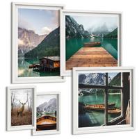 BILDER SET 5er Set - 50x50 cm & 20x30 cm & 40x60 cm Weißer Rahmen - Berglandschaften, Ferienhäuser, Boote - Weiß, Kunststoff (40/60cm) - TULUP