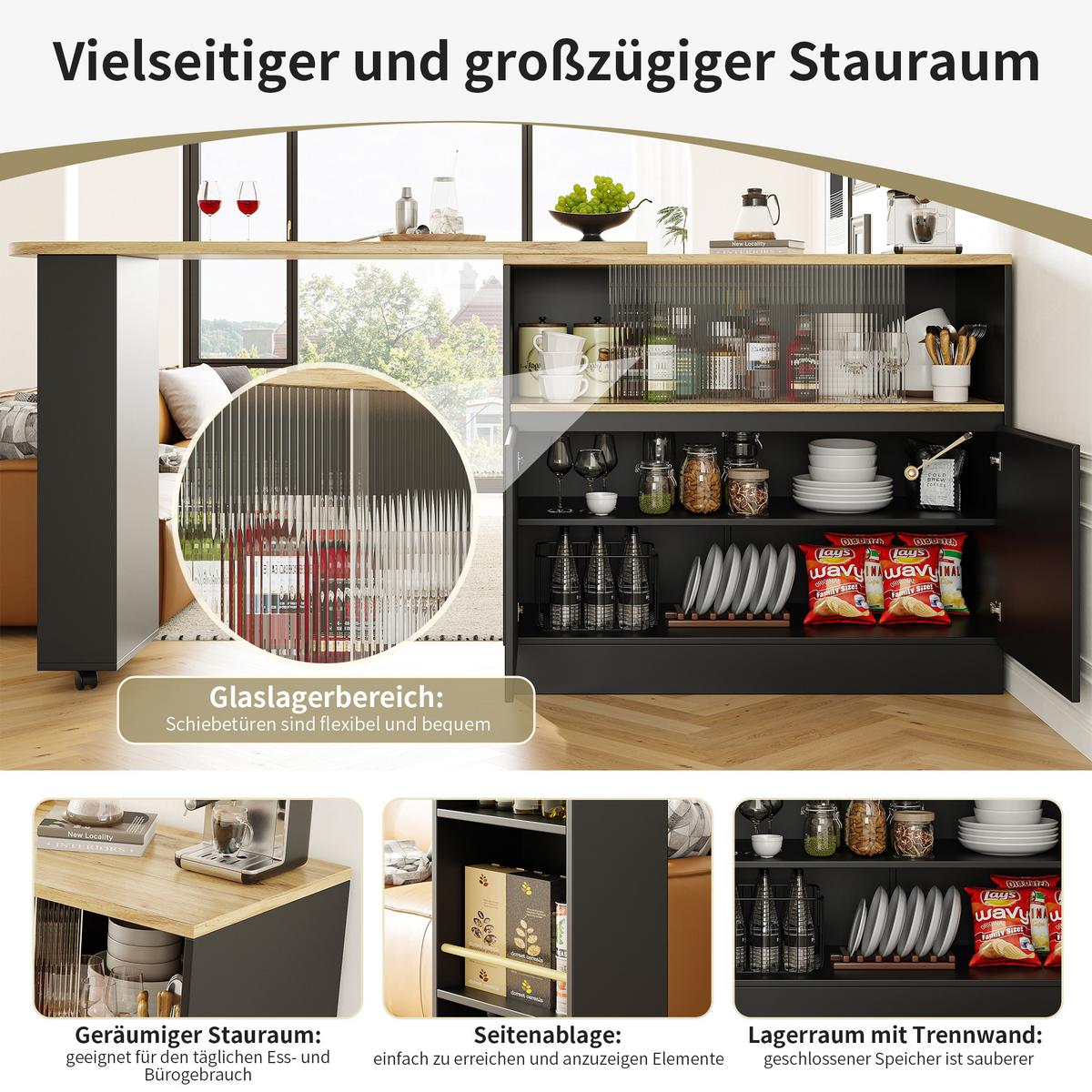 STEHTISCH mit Stauraum und Schiebetüren – Multifunktionaler Bartisch 120 cm - Schwarz, Holzwerkstoff/Metall (45/90/100cm) - Urban Meuble