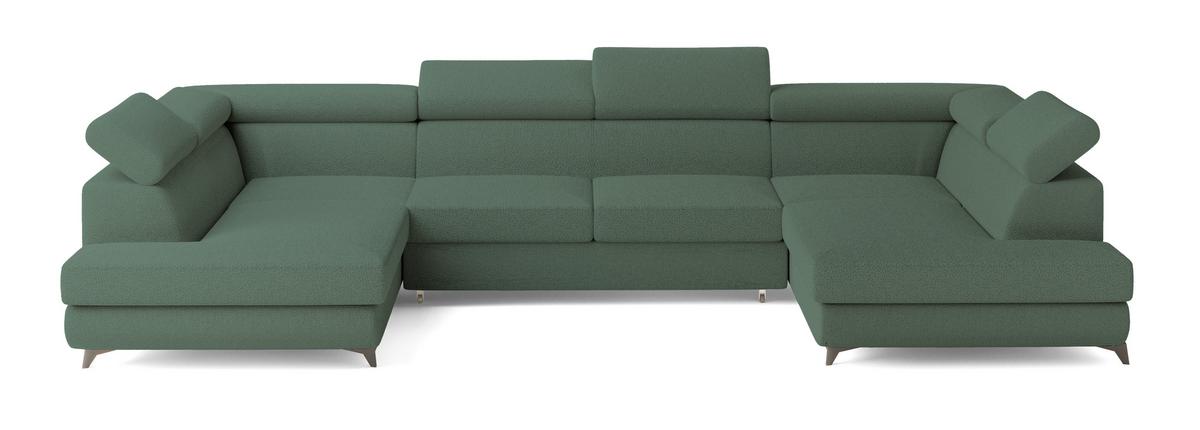 WOHNLANDSCHAFT VINTESSA Grün Boucle-Stoff mit Schlaffunktion - Grün, Holz (323/89/190cm) - MASSENO