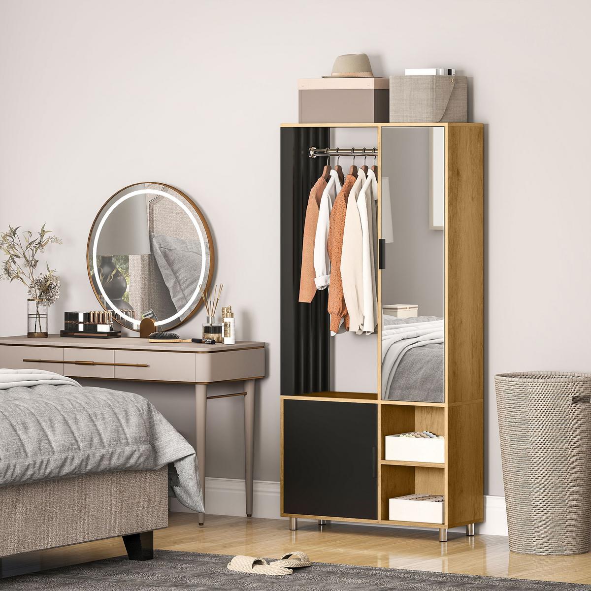 GARDEROBENSCHRANK mit Spiegel, Kleiderstange & Schuhschrank - Schwarz/Naturfarben, Holzwerkstoff/Kunststoff (30/175/80cm) - HOMCOM