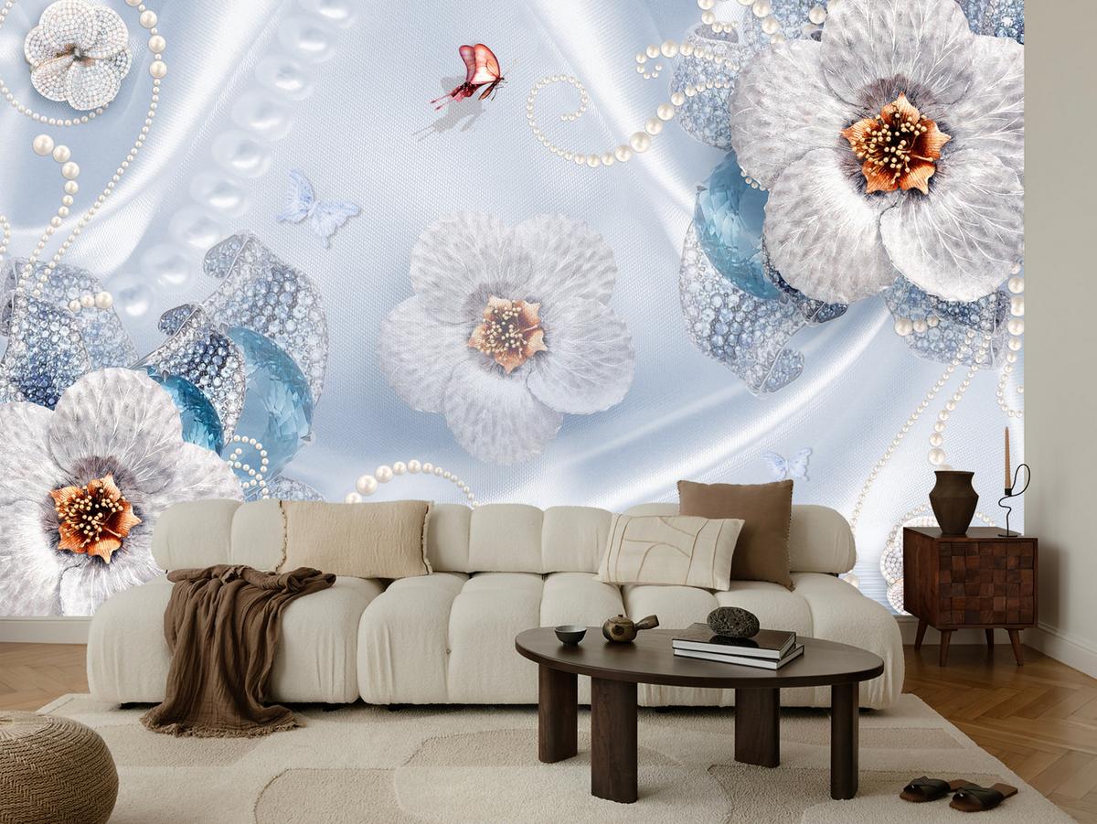 FOTOTAPETE für Schlafzimmer Blumen Perlen Schmetterlinge Blau 150x105 - Blau/Gelb, Papier (150/105cm) - Muralo