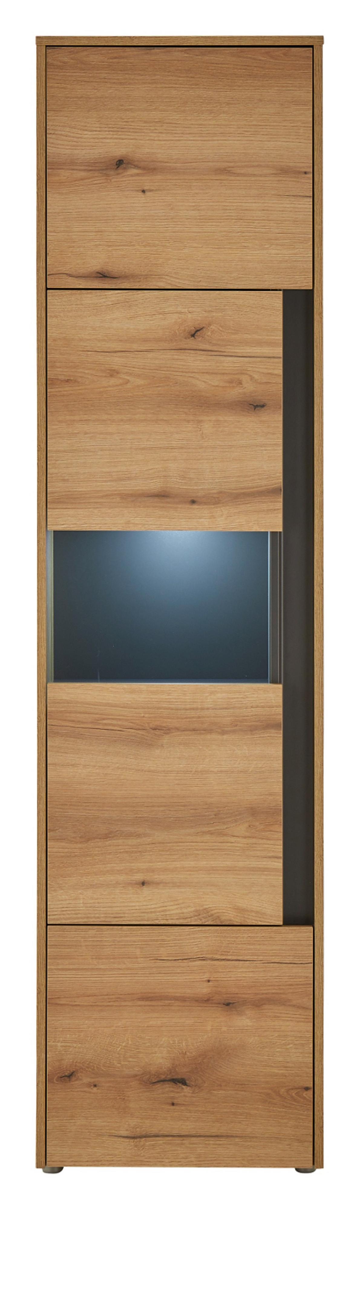 VITRINE Eiche Evoke 50 x 197 cm, Vitrinenschrank 3-türig mit 5 Fächern - Eichefarben/Schwarz, Glas/Holzwerkstoff (50/197/40cm) - Furn.Design