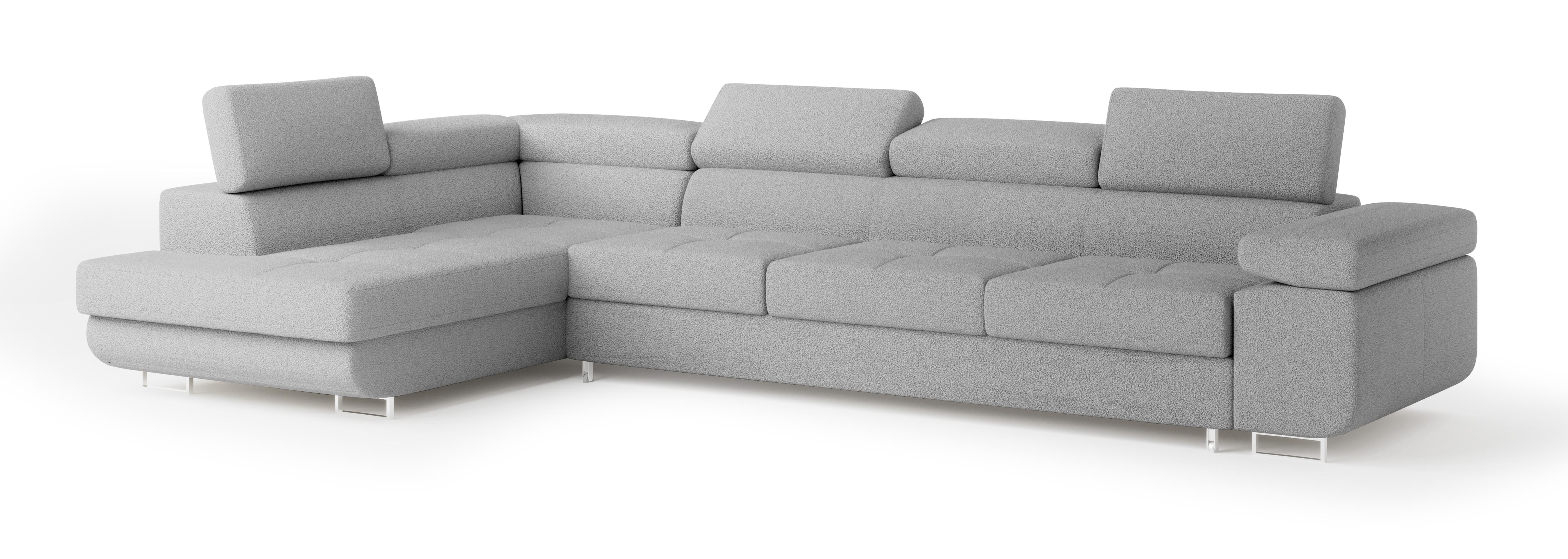 ECKSOFA VICENTE Hellgrau Boucle-Stoff mit Schlaffunktion - Hellgrau, Holz (346/202cm) - MASSENO