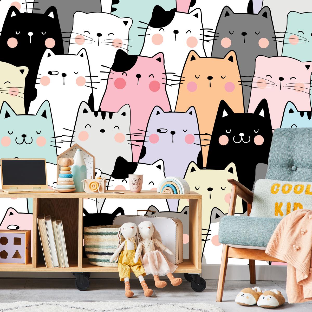 FOTOTAPETE für Kinderzimmer Bunte Katzen Cartoon Abstraktion 300x210 - Blau/Gelb, Papier (300/210cm) - Muralo