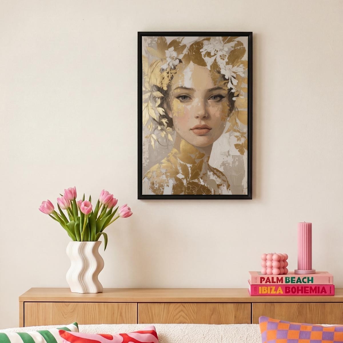 LEINWAND Bilder mit Rahmen - Gesicht - Frau - Blätter - Gold - 20x30 - Beige, Textil (20/30cm) - MuchoWow
