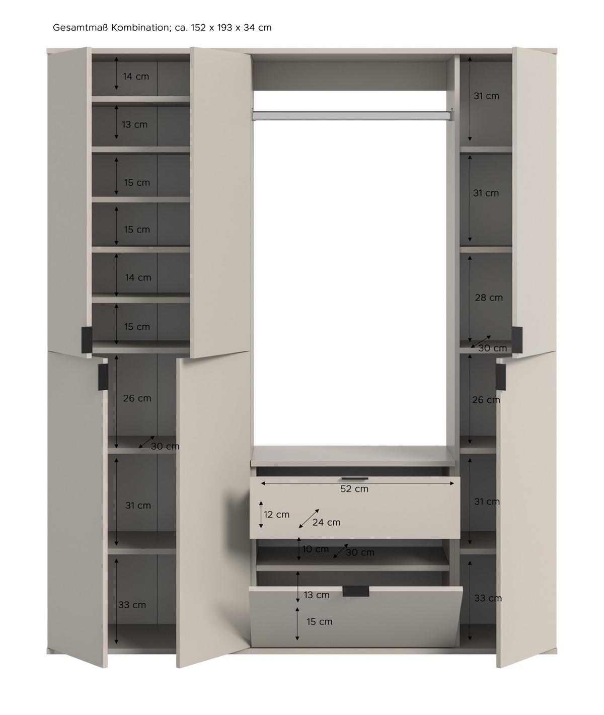 GARDEROBEN-SET Kaschmir 152 x 193 cm, Garderobenschrank mit viel Stauraum - Kaschmir/Schwarz, Holzwerkstoff/Metall (152/193/34cm) - Inn.Furn