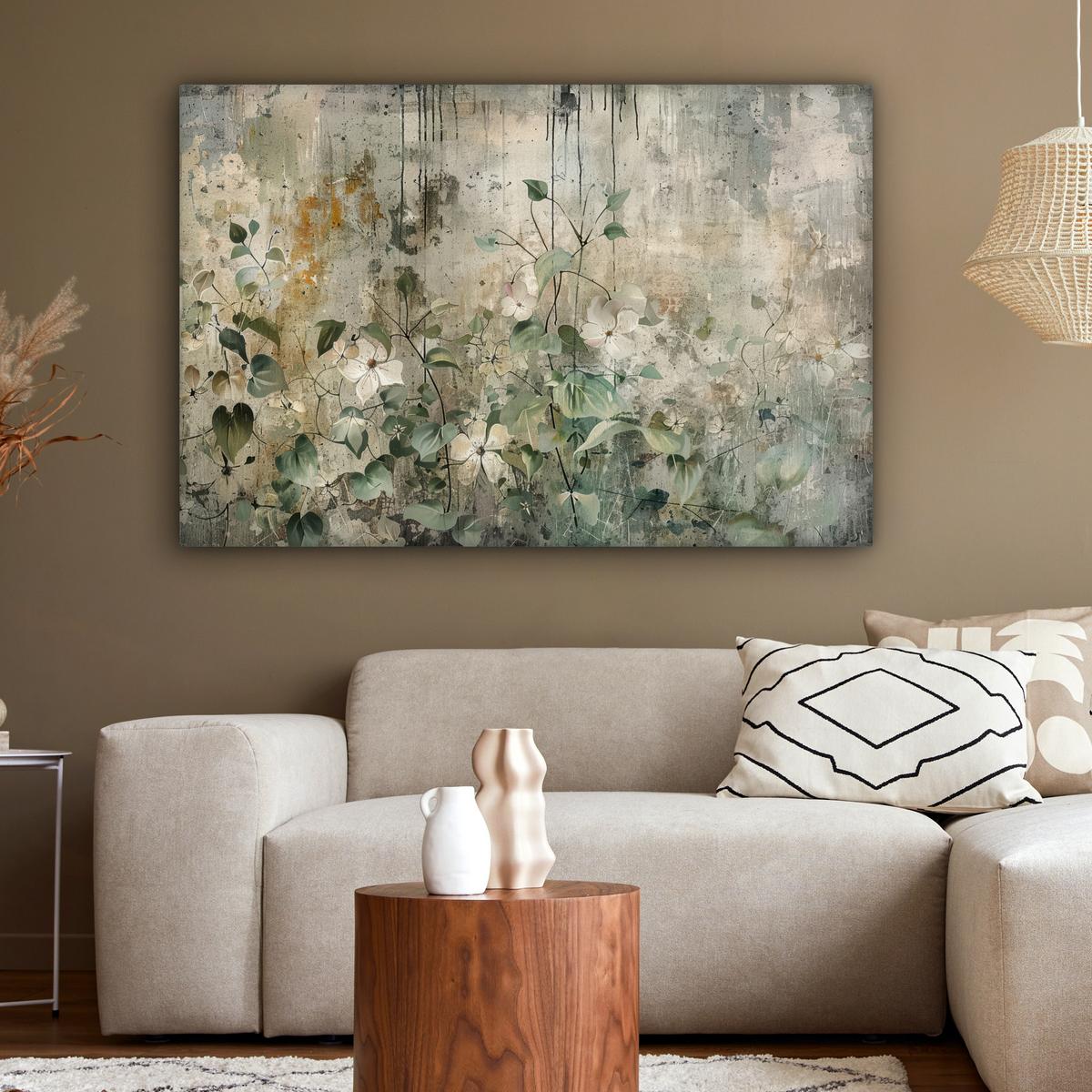 LEINWANDBILD Blumen - Blätter - Abstrakt - Modern Wohnzimmer Groß 120x80 cm - Grau, Textil (120/80cm) - MuchoWow