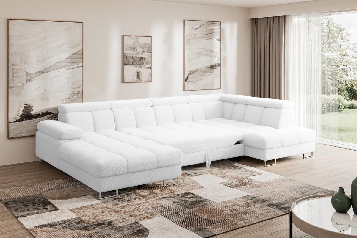 WOHNLANDSCHAFT mit Schlaffunktion und Bettkasten Ottomane RECHTS COMA U 345x203x79 Weiß Bouclé - Weiß, Holzwerkstoff/Textil (203/79/345cm) - ALTDECOR