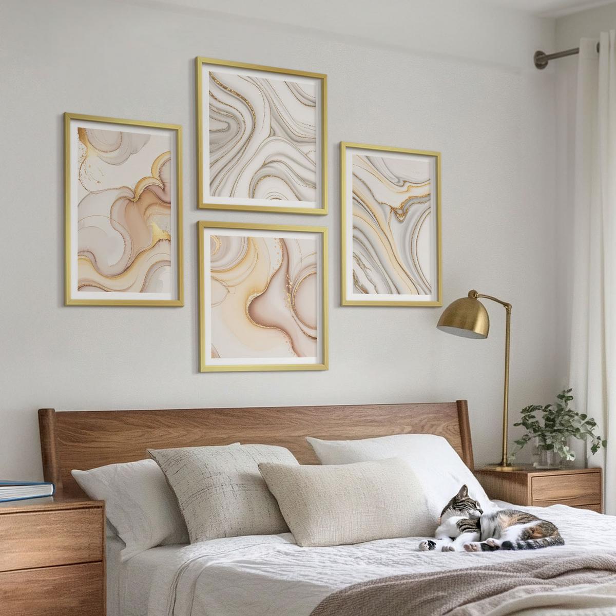 BILDER SET 4er Set - 50x50 cm & 40x60 cm Goldrahmen - Lineare abstrakte Motive - Goldfarben, Kunststoff (50/50cm) - TULUP