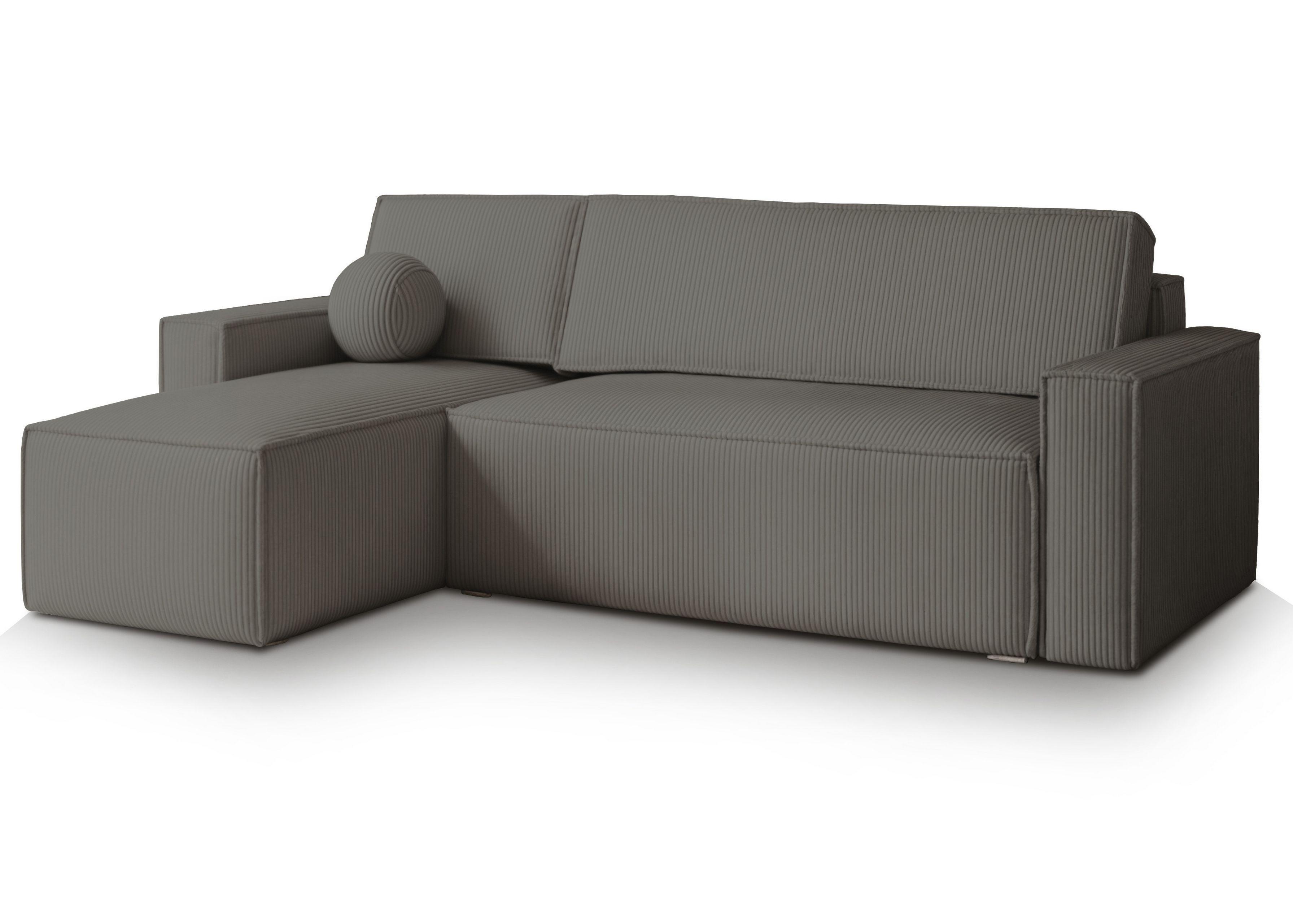ECKSOFA RAVELO P Grau Kordstoff mit Schlaffunktion - Grau, Holz/Kunststoff (240/140cm) - MASSENO