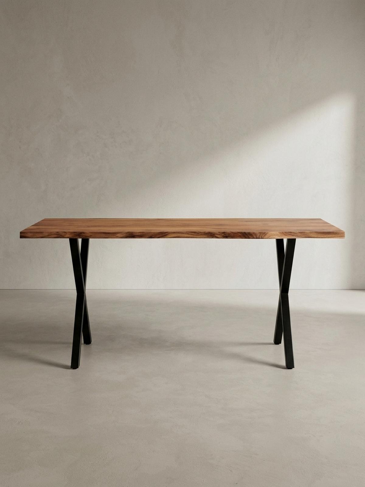 SCHREIBTISCH Massivholz X-Gestell Baumkante Handgefertigt KRETA, Goldbraun-Schwarz 140x80x76 cm - Schwarz/Braun, Holz/Metall (80/140/76cm) - KADIMA DESIGN