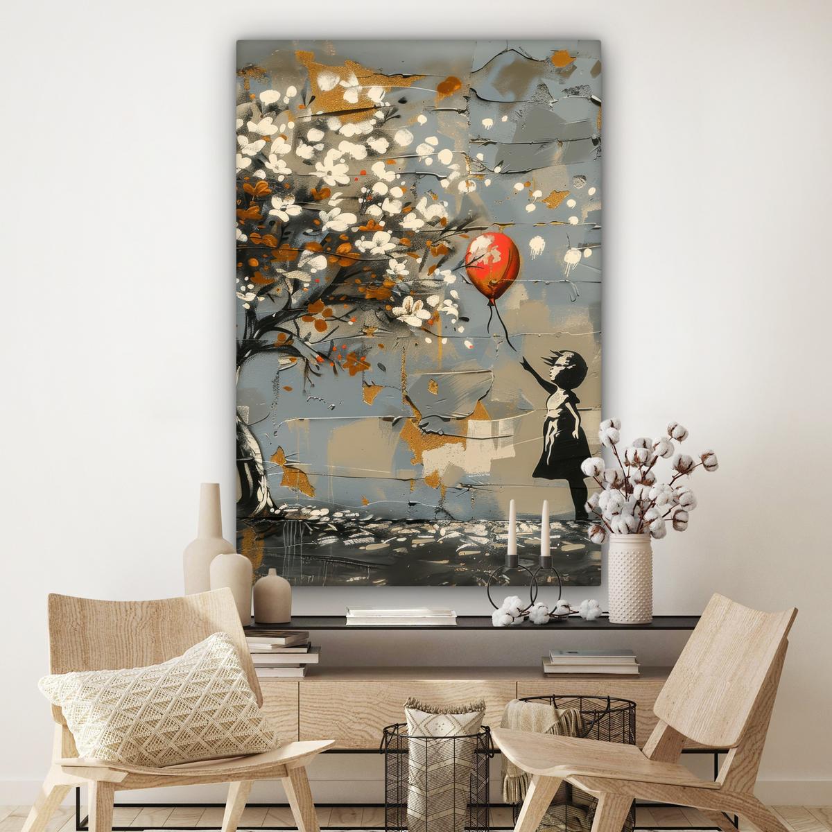LEINWANDBILD Baum - Graffiti - Banksy-Stil - Ballon-Mädchen Deko Groß 90x140 cm - Blaugrau, Textil (90/140cm) - MuchoWow