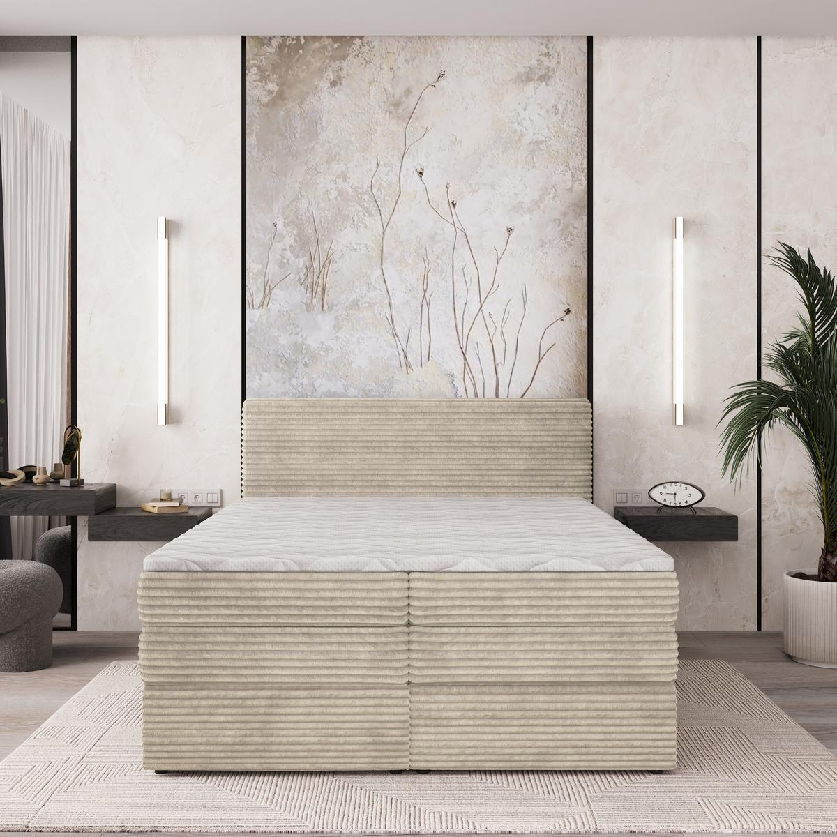 BOXSPRINGBETT LUNERA 180x200 cm mit Matratze und Topper - Creme - Creme, Holz (180/200cm) - MASSENO