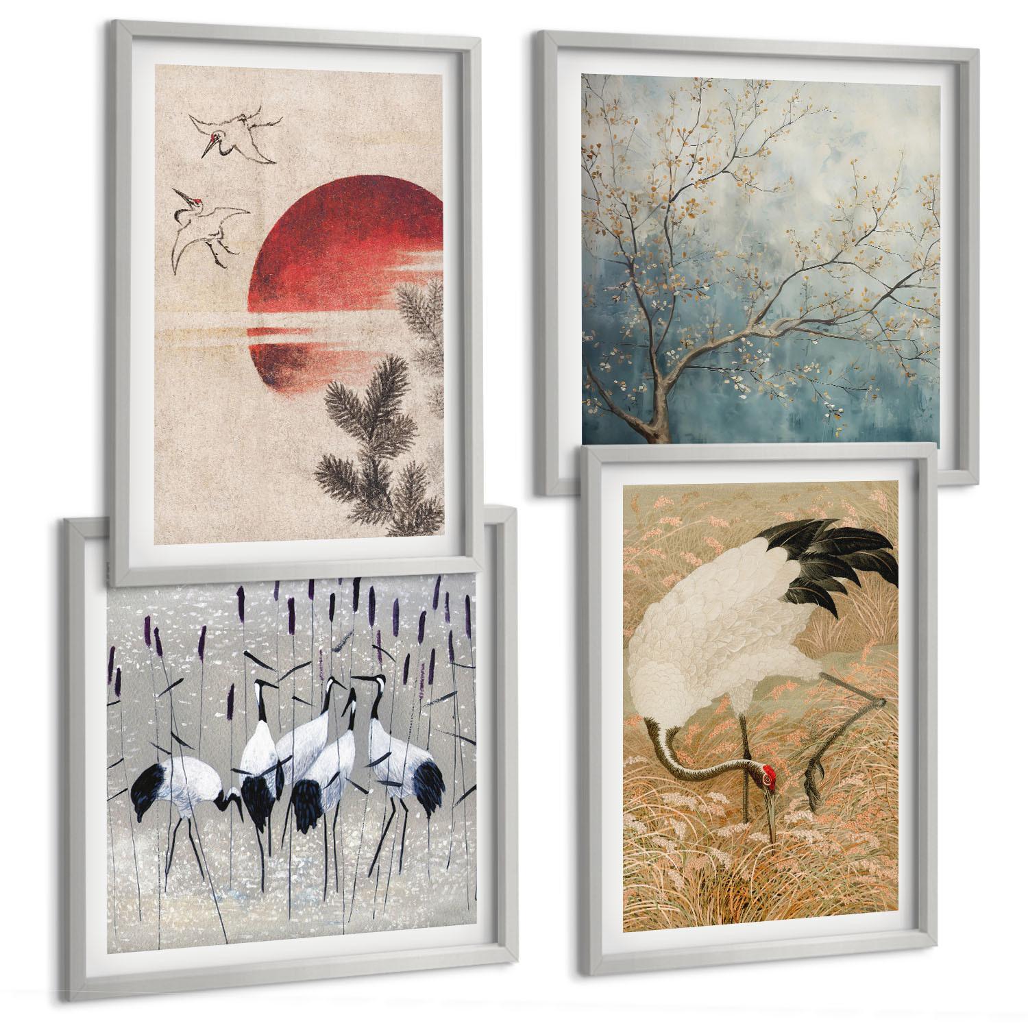 BILDER SET 4er Set - 50x50 cm & 40x60 cm Silberner Rahmen - Japanische Kraniche Landschaft - Silberfarben, Kunststoff (50/50cm) - TULUP