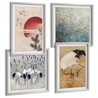 BILDER SET 4er Set - 50x50 cm & 40x60 cm Silberner Rahmen - Japanische Kraniche Landschaft - Silberfarben, Kunststoff (50/50cm) - TULUP