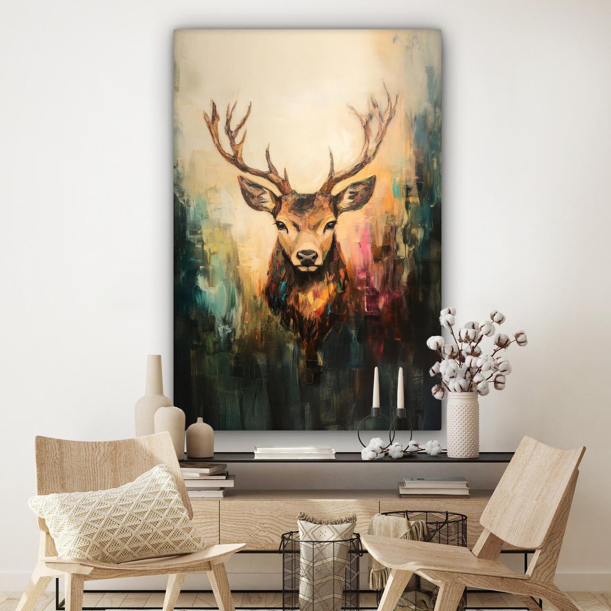LEINWANDBILD Hirsch - Gemalt - Geweih - Braun Deko Groß 90x140 cm - Haselnussfarben, Textil (90/140cm) - MuchoWow