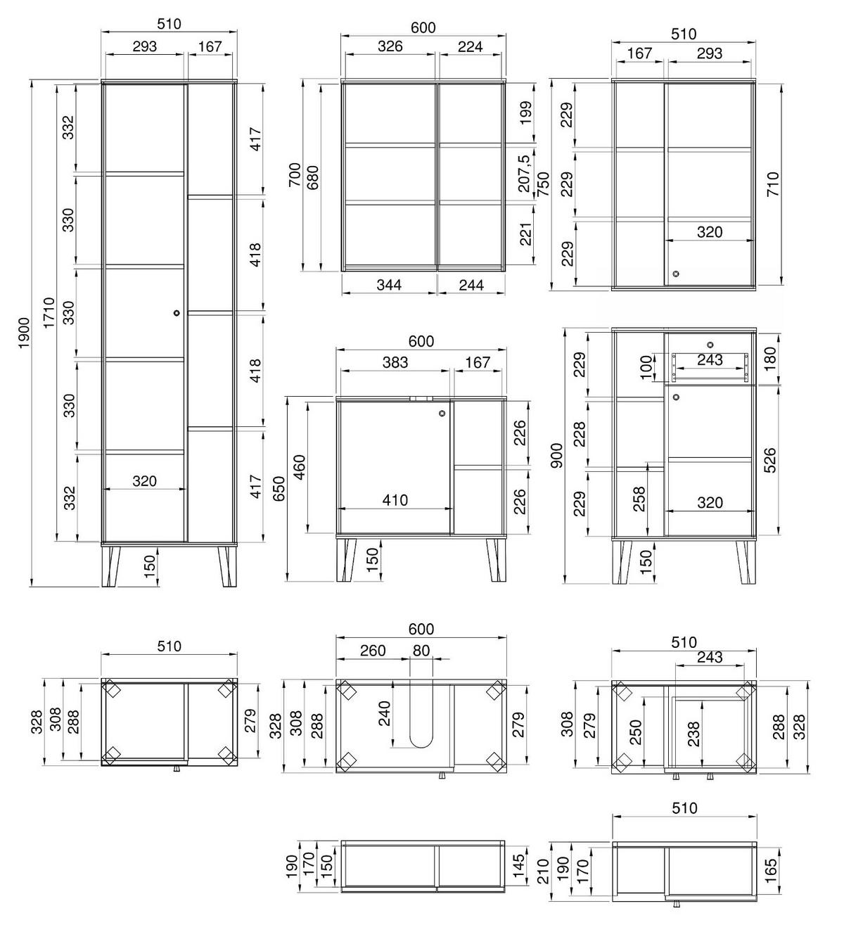 BADMÖBEL-SET 5-teilig grau, Evoke Eiche, Badkombination 182 x 190 cm - Eichefarben/Grau, Glas/Holzwerkstoff (182/190/33cm) - Furn.Design