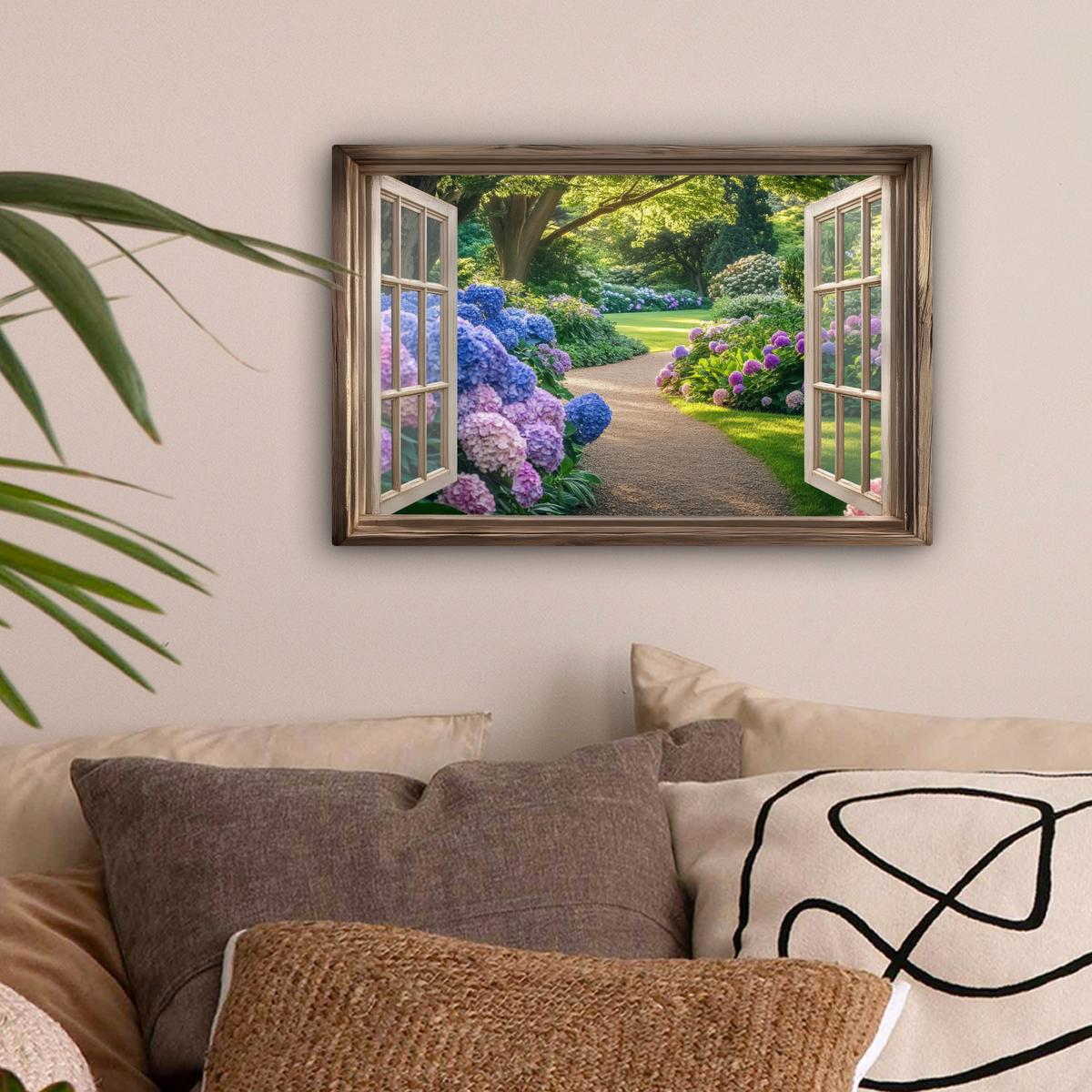 LEINWANDBILD Aussicht - Garten - Fenster - Hortensie - Blumen Deko Schlafzimmer 30x20 cm - Pastellblau, Textil (30/20cm) - MuchoWow