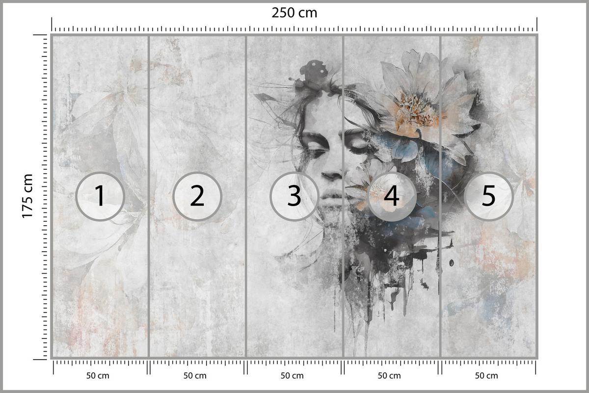 FOTOTAPETE für Wohnzimmer Gesicht Frau Grau Betonwand Blumen 250x175 - Grau, Papier (250/175cm) - Muralo