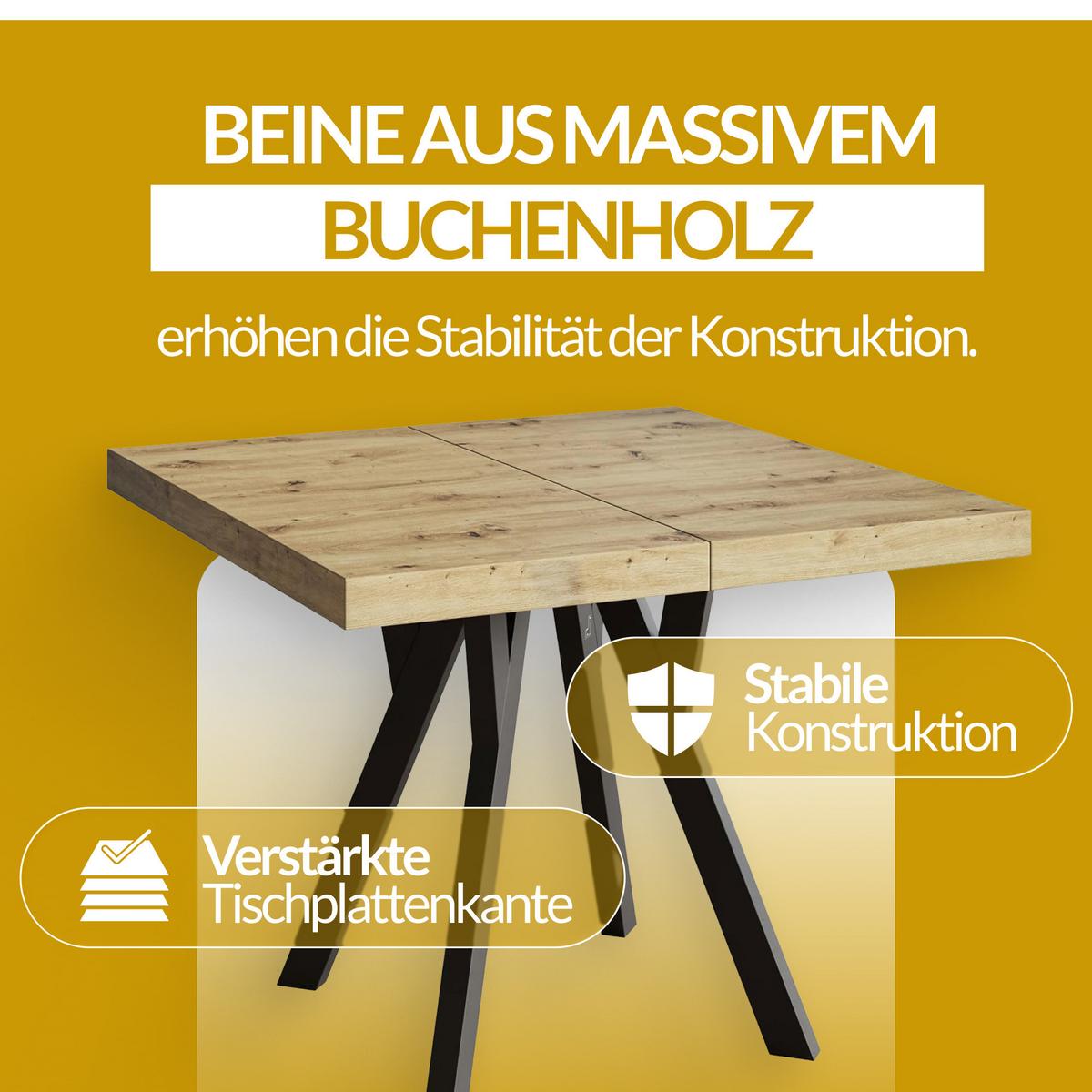 QUADRATISCHER Esstisch ausziehbar – Moderner Wohnzimmertisch und Küchentisch – Tisch mit Holzbeinen, Durchmesser 100 - 200 cm - Farbe Lancelot - Beige/Weiß, Holzwerkstoff (100/100/77cm) - Alpi-Möbel