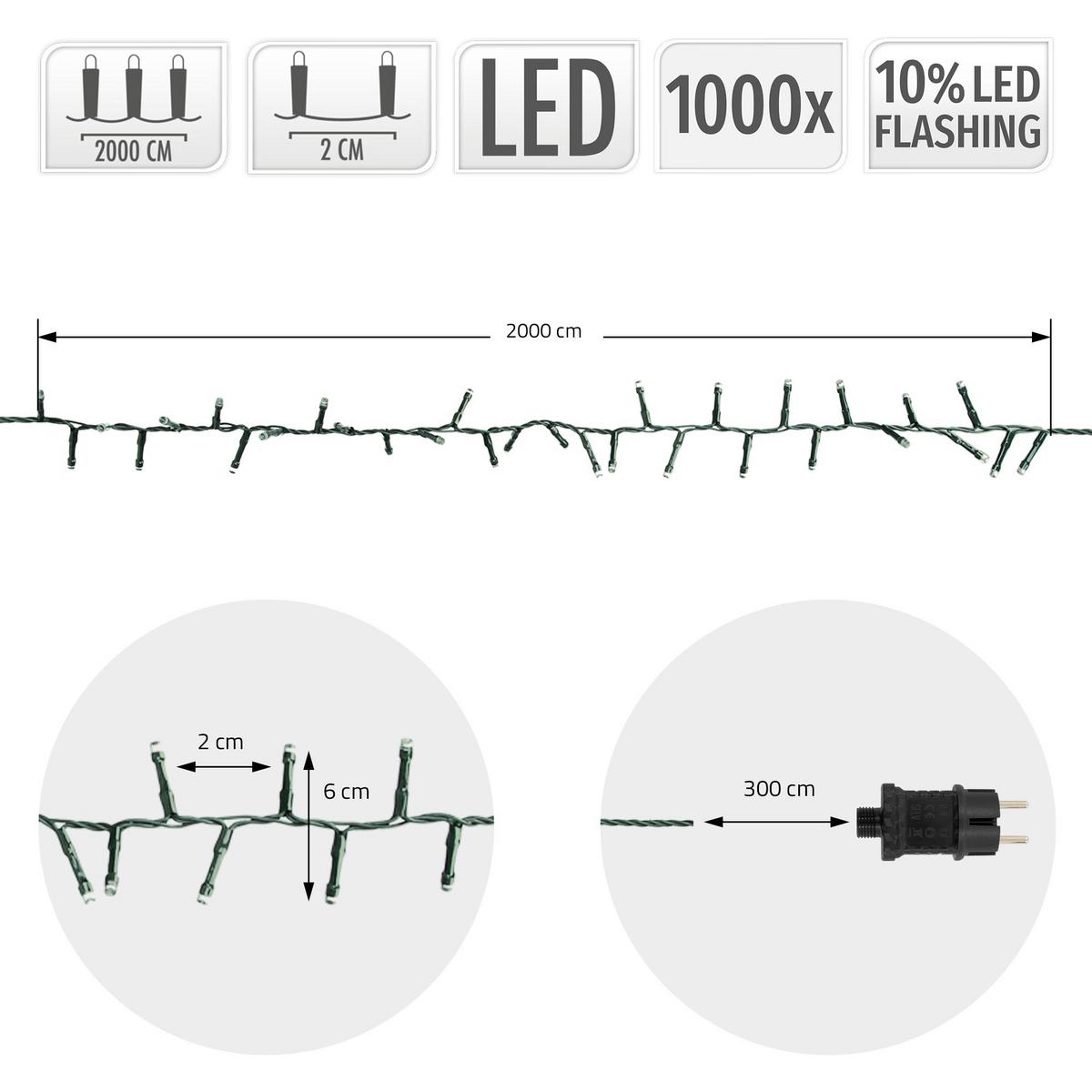 LED LICHTERKETTE Cluster Außen Innen 20 m Weihnachtsbeleuchtung 1000 LED Warmweiß - Schwarz, Kunststoff (2300cm) - ECD-Germany