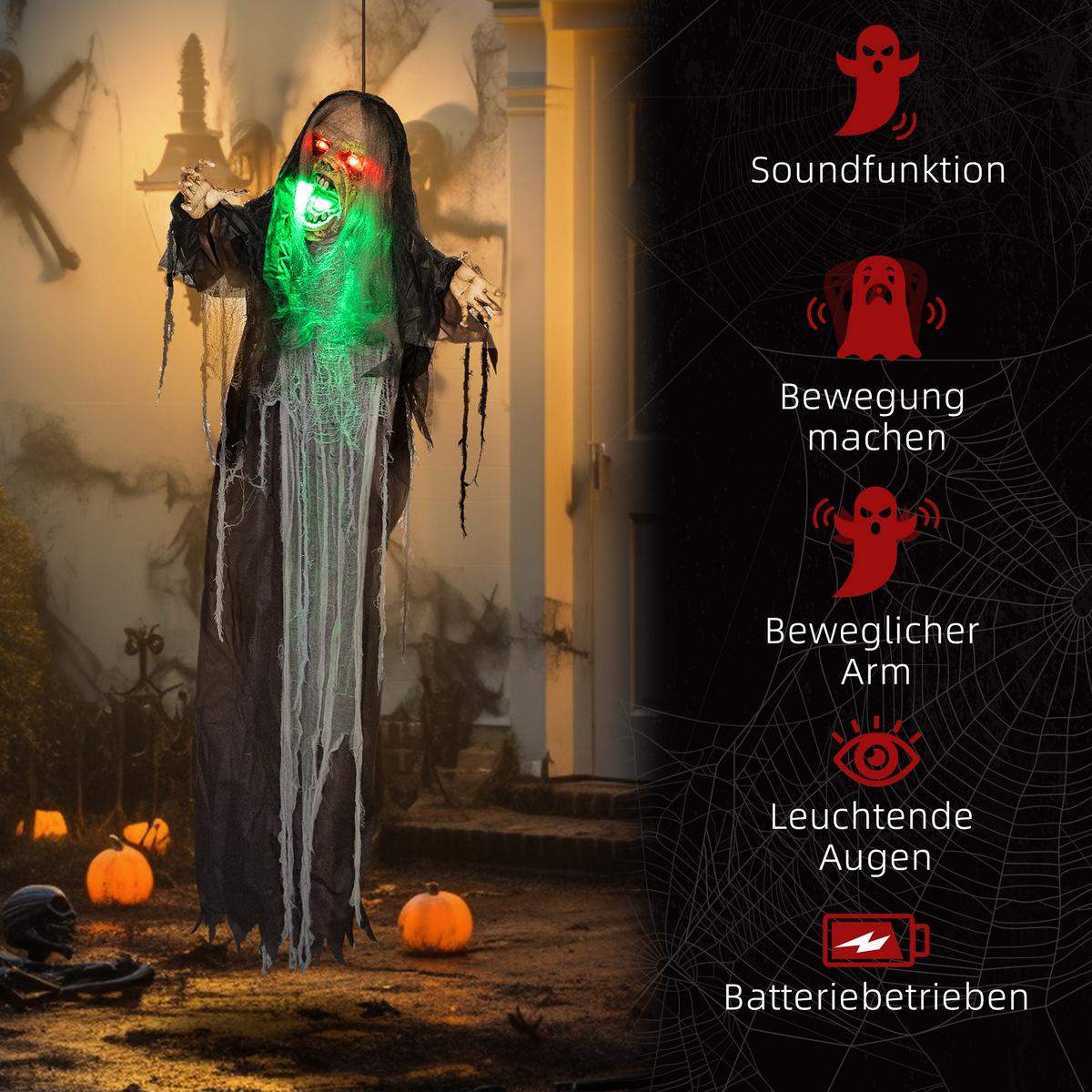 HALLOWEEN DECORATIONS 183cm Hängendes Monster mit grün LED-Lichter, Soundfunktion - Schwarz, Kunststoff (18/183/70cm) - HOMCOM