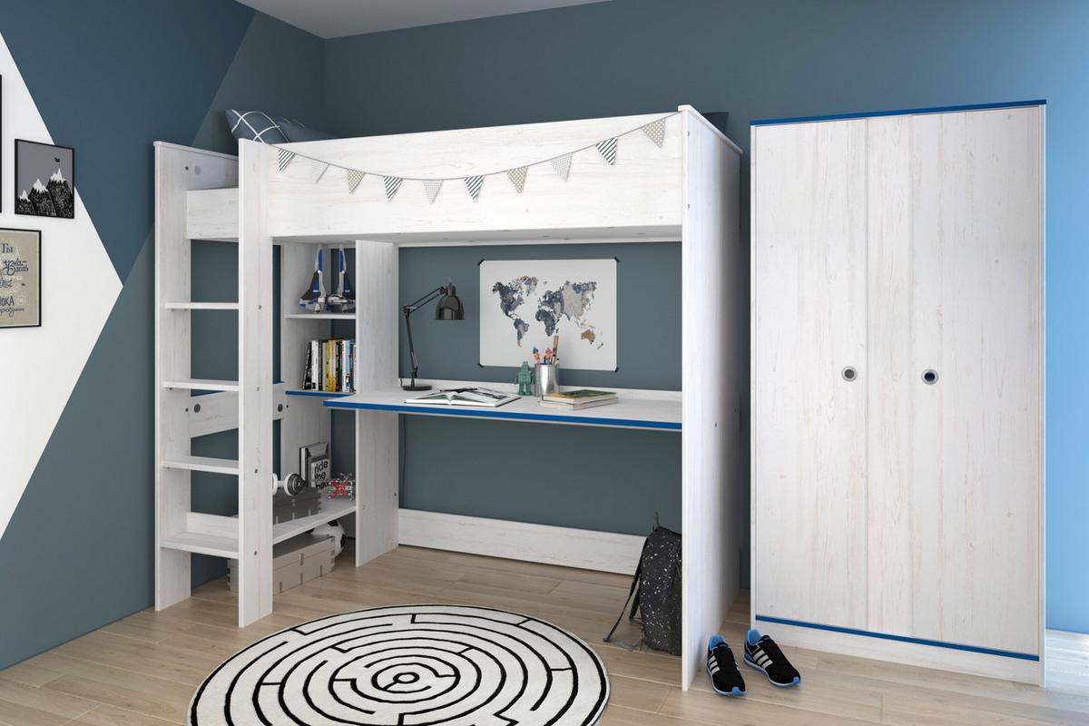 JUGENDZIMMER Set Hochbett 90x200 Schreibtisch Kleiderschrank - Blau/Weiß, Holz/Holzwerkstoff (206/182/108cm) - Parisot Meuble