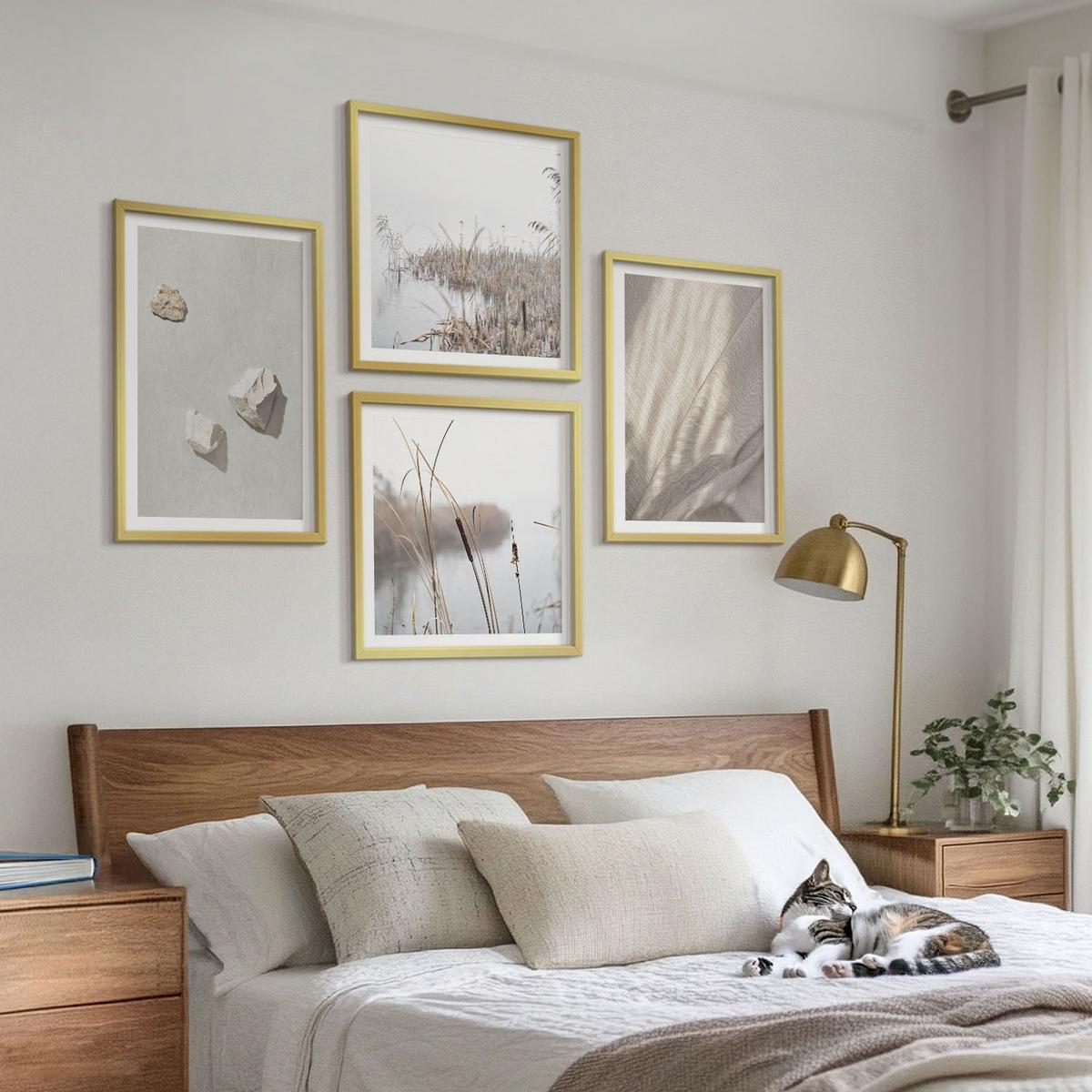 BILDER SET 4er Set - 50x50 cm & 40x60 cm Goldrahmen - Nahaufnahmen der Struktur im Boho-Stil - Goldfarben, Kunststoff (50/50cm) - TULUP