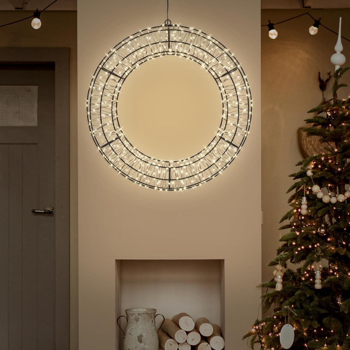 LED WEIHNACHTSKRANZ Ø58 cm Weihnachtsdeko mit Lichterkette Warmweiß Lichterkranz Außen - Schwarz, Metall (58/58/6.5cm) - ECD-Germany